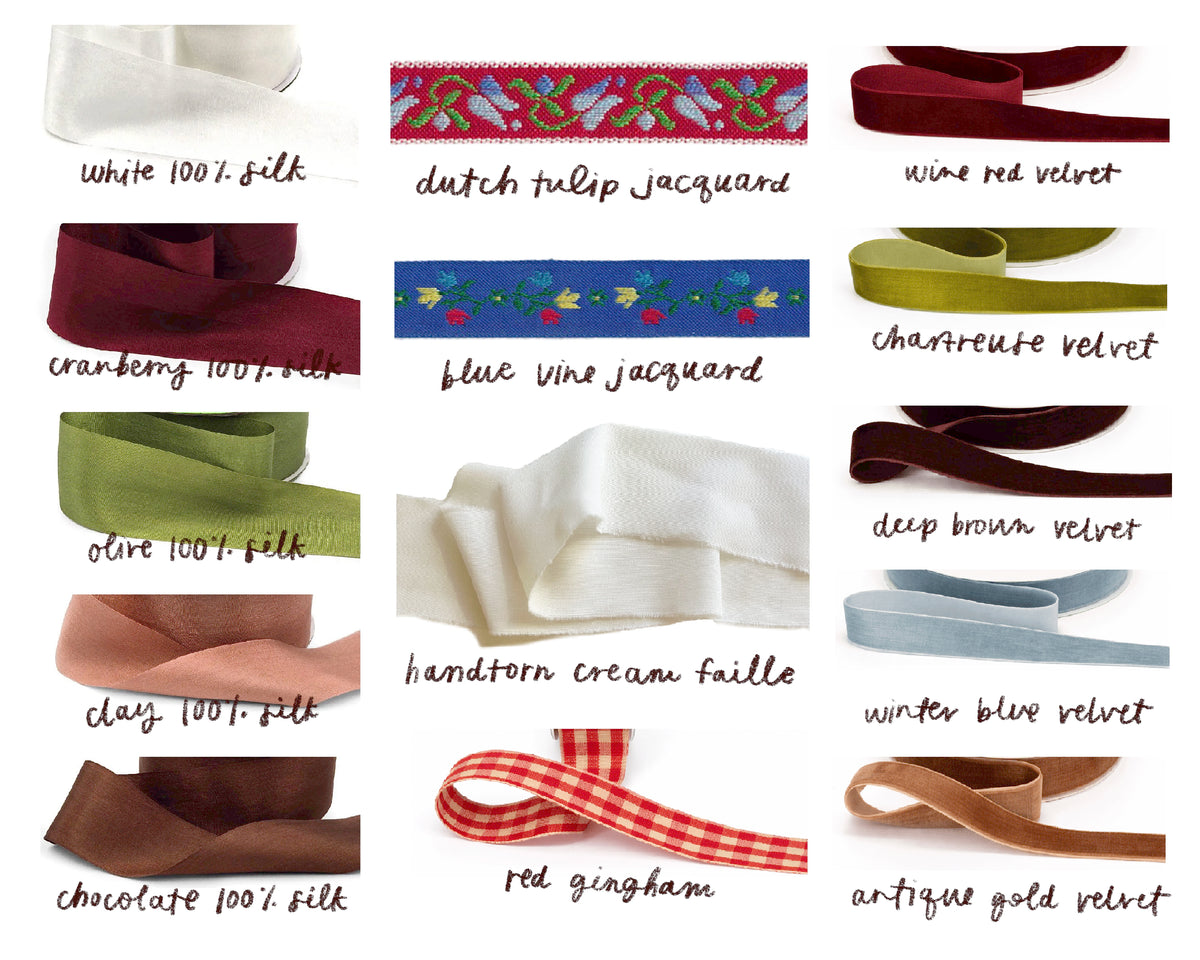 A collage of ribbon and trim samples labeled with fabric names, including white 100% silk, Dutch tulip jacquard, wine red velvet, cranberry 100% silk, blue vine jacquard, charcuterie velvet, olive 100% silk, deep brown velvet, clay 100% silk, winter blue velvet, chocolate 100% silk, red ginghams, and antique gold velvet. The image shows the ribbons folded and flat, arranged in a grid on a white background.